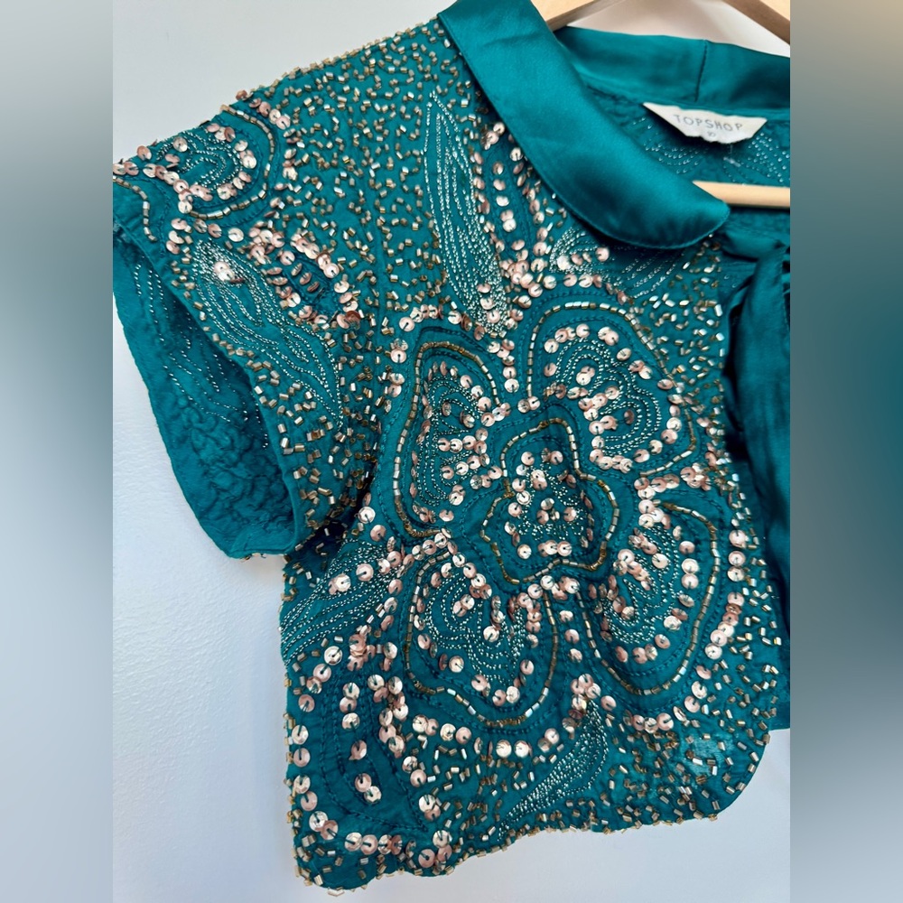 Topshop Teal Sequin Floral Crop Top - Picture 5 of 7